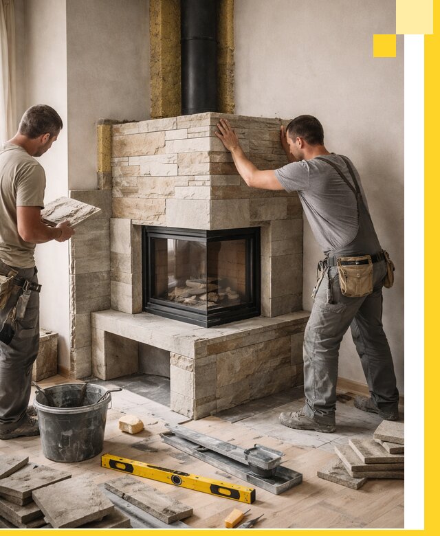 Угловые камины под ключ проект, монтаж и отделка в Домодедове