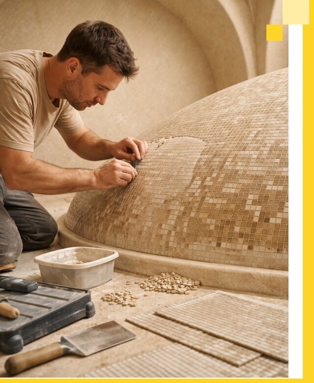 Профессиональная укладка мозаики для хамама под ключ в Домодедове